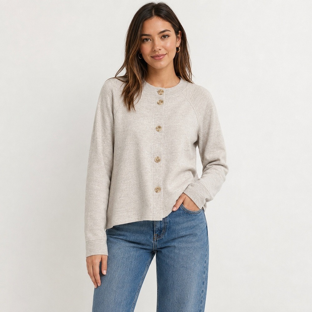 Madewell XS Heather Oatmeal Button Front Cardigan Sweatshirt Cotton Blend